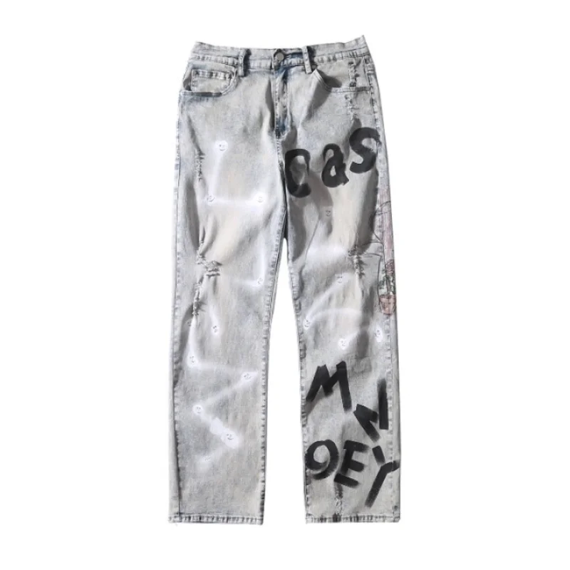 DEEPTOWN Ripped Graffiti Jeans Men Hip-hop Denim Pants Loose Straight Trousers Male All-match Streetwear Casual Fashion Blue