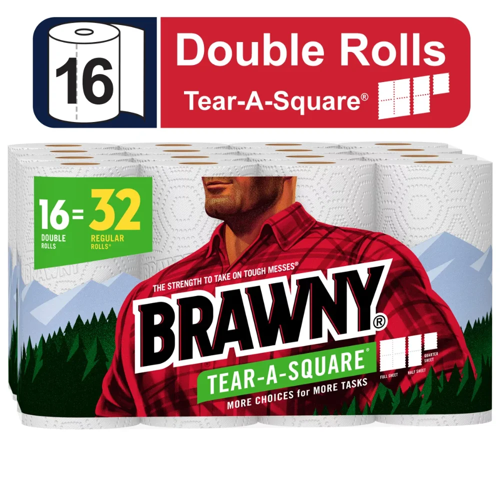 

Brawny Tear-a-Square бумажные полотенца, белые, 3 размера, 16 двойных рулонов бумажных полотенец