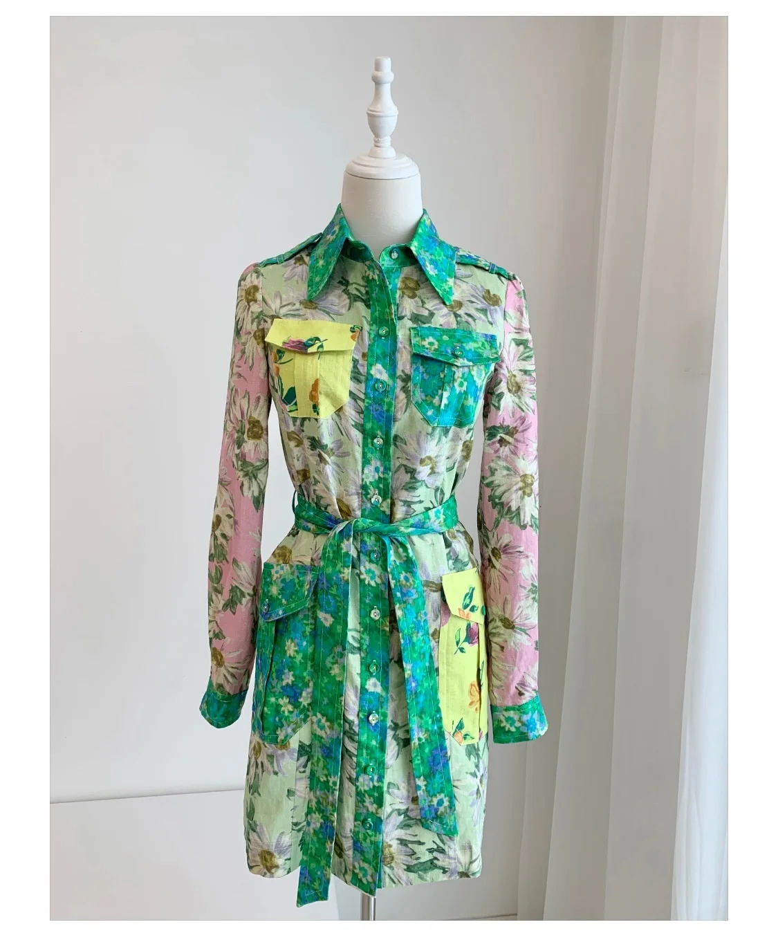 Women Colorful Flower Print Single Breasted Pockets Long Sleeve Shirt Style Mini Dress with Sashes