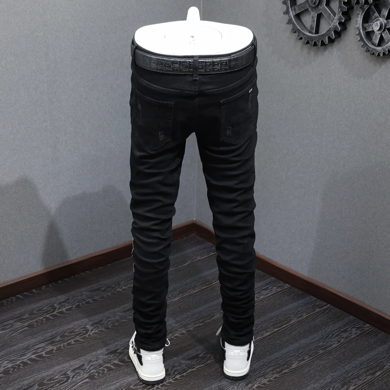 High Street Fashion Men Jeans Black Elastic Skinny Fit Ripped Jeans Men Stars Plaid Patch Designer Hip Hop Brand Pants Hombre