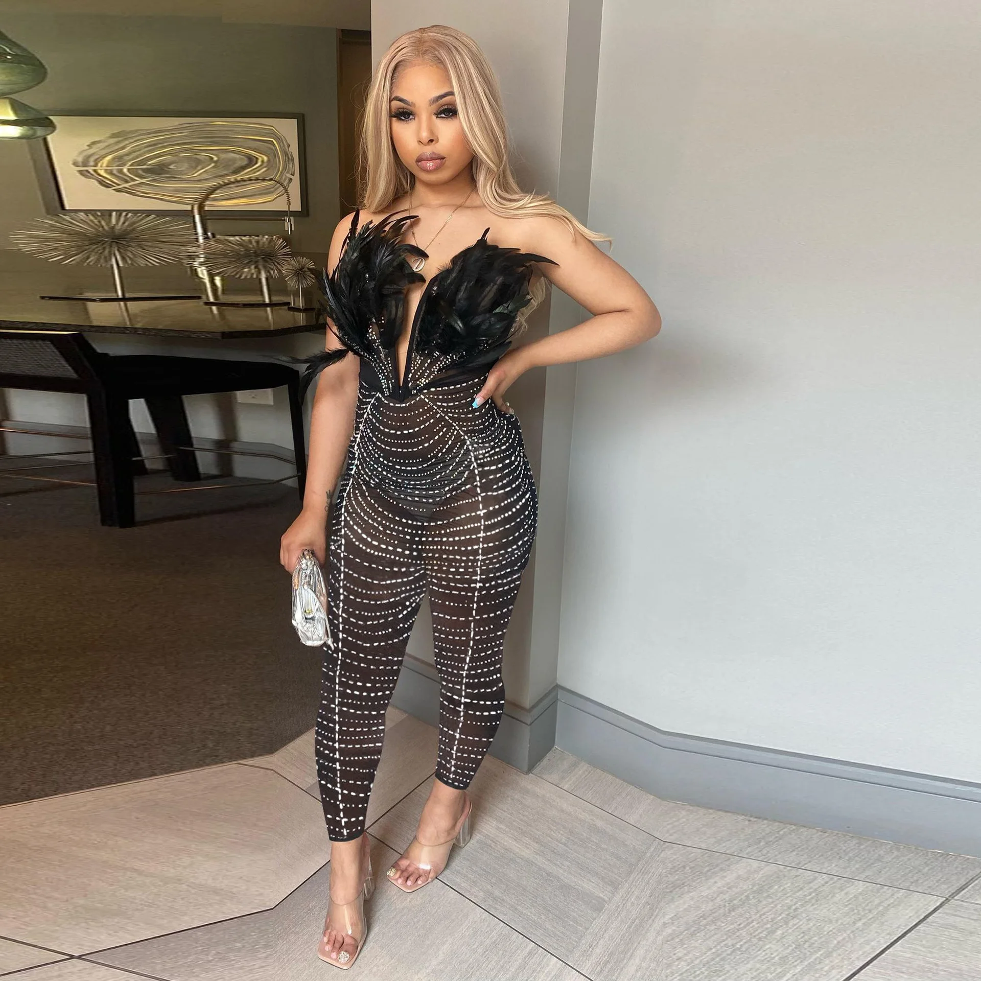 Rhinestone Feather Jumpsuits Black Mesh Sexy Bodysuit 2023 Women Summer One Piece Jumpsuit Club Party Elegant Bodycon Playsuit