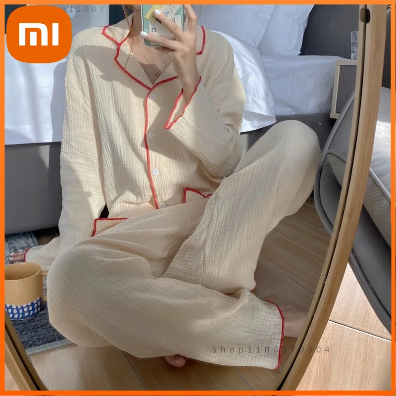 

Хлопковая пижама Xiaomi, Женская Корейская одежда для сна, комплект из 2 предметов, пижама, осенняя удобная одежда для дома, милая Домашняя одеж...