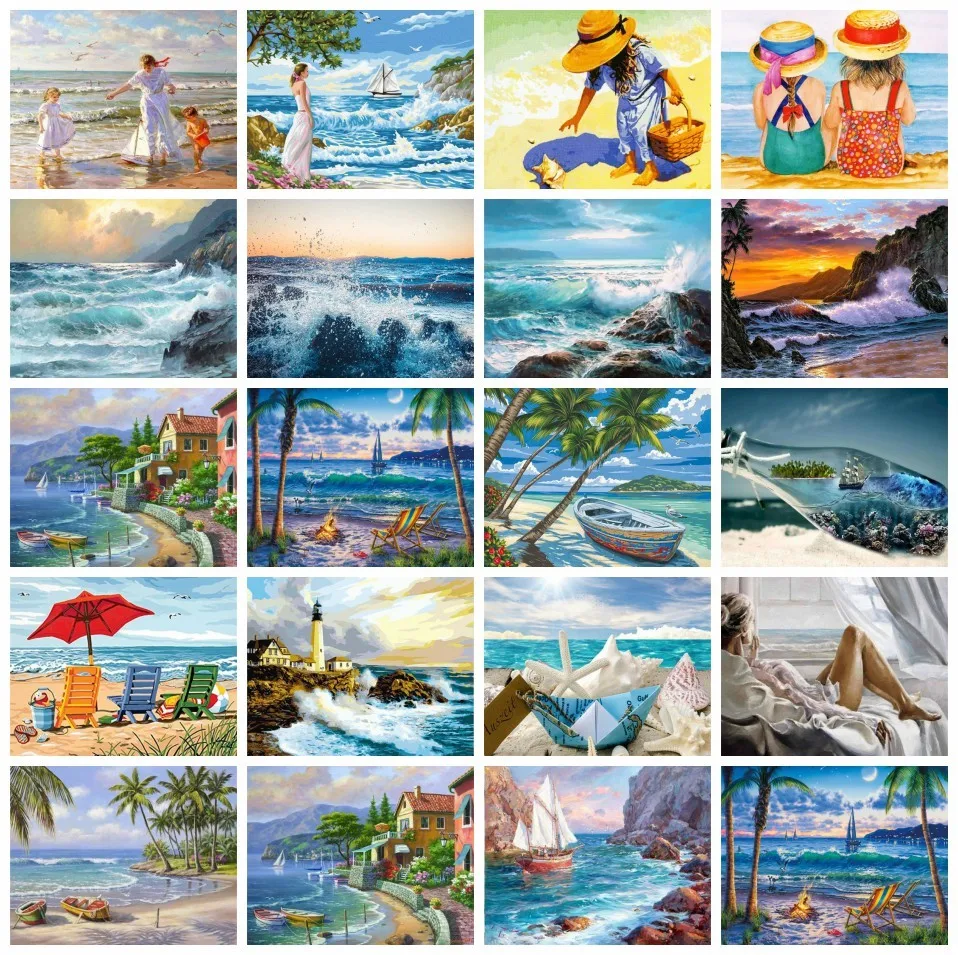 

AZQSD Drawing By Numbers Seaside Landscape Painting By Numbers Girl Lighthouse Wave HandPainted Home Decor Gift Art Diy