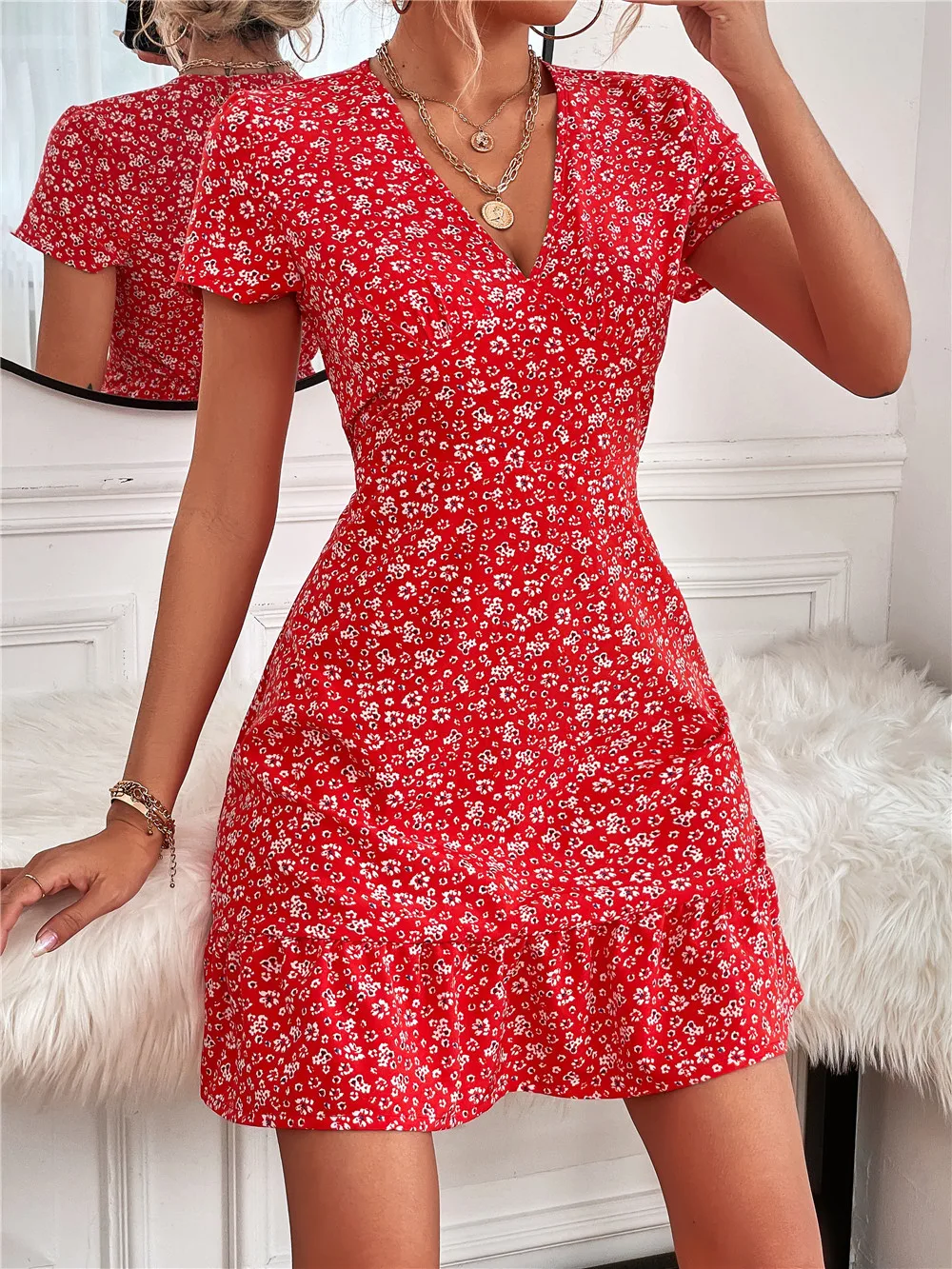 

Women's V-neck Summer Dress, Geometric Dot Floral Dress, Ruffled Trim, X-shaped, Sexy, Rural Casual Style Vestidos Para Mujer