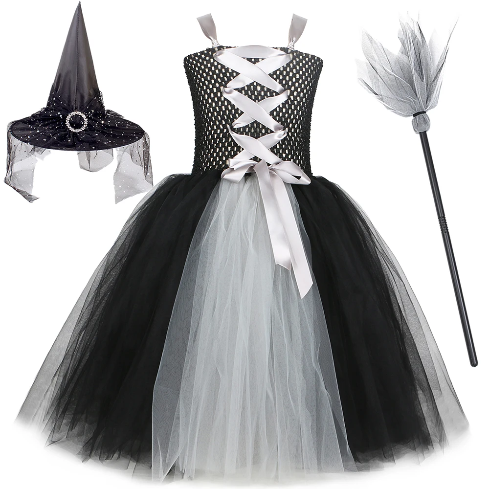 

Girls Halloween Witch Costume for Kids Purim Carnival Party Dreses Ball Gown Gray Black Robe Tutu Dress with Hat Broom Vestido