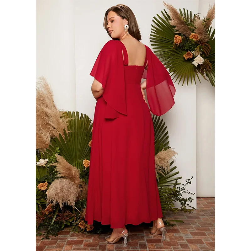Plus Size Red Dress Wedding Luxury V Neck Plus Size 4xl 5xl Dress Women Summer Mid Length Ruffle Maxi Dress