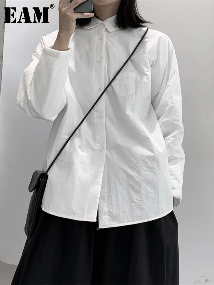 

[EAM] Women White Brief Thick Big Size Blouse New Lapel Long Sleeve Loose Fit Shirt Fashion Tide Spring Autumn 2023 1DF2466