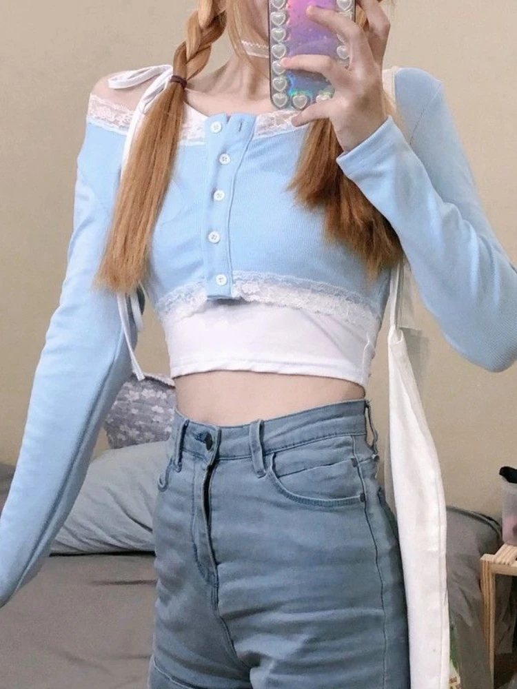 Кружевные голубые милые топы женские дизайнерские пикантные облегающие рубашки