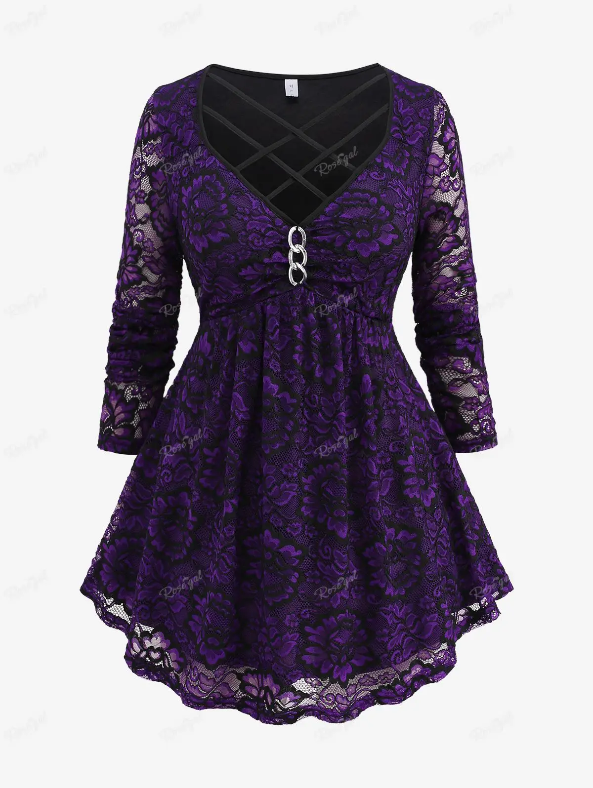 

ROSEGAL Plus Size Floral Lace Chain Panel T-shirt Ruched Crisscross Casual Tops For Women Fall Streetwear New Blouse Tees 4XL