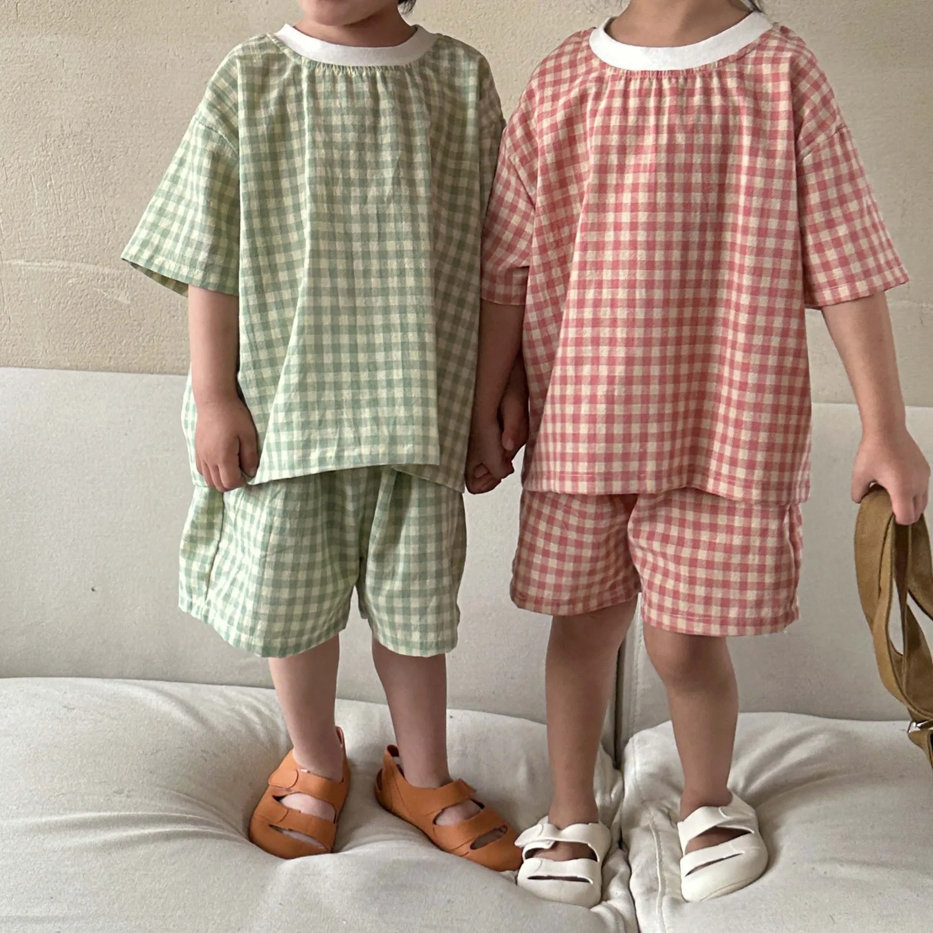 

Summer Costume Children Plaid Pajamas Set Girl Baby Cotton Short Sleeve Tops + Shorts 2pcs Boy Infant Casual Loose T-shirt Suit