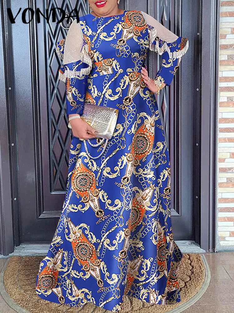 

2022 VONDA Autumn Vintage Dress Women Lace Patchwork Long Sleeve Printed Bohemian Vestidos Bandage Holiday Casual Party Robe