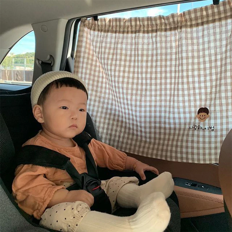 INS Kawaii Baby Car Curtain Embroidered Plaid Bear Children Sun Protection Sunshade Window Curtain UV Protection For Kid