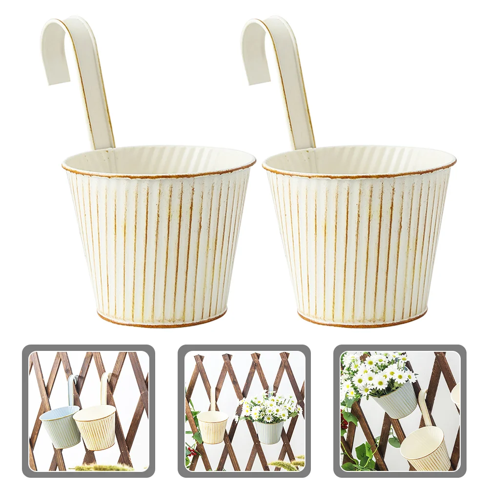 

2 Pcs Picket Fences Pot Iron Flowerpot Indoor Hanging Small Bucket Simple Pots Home Basket White