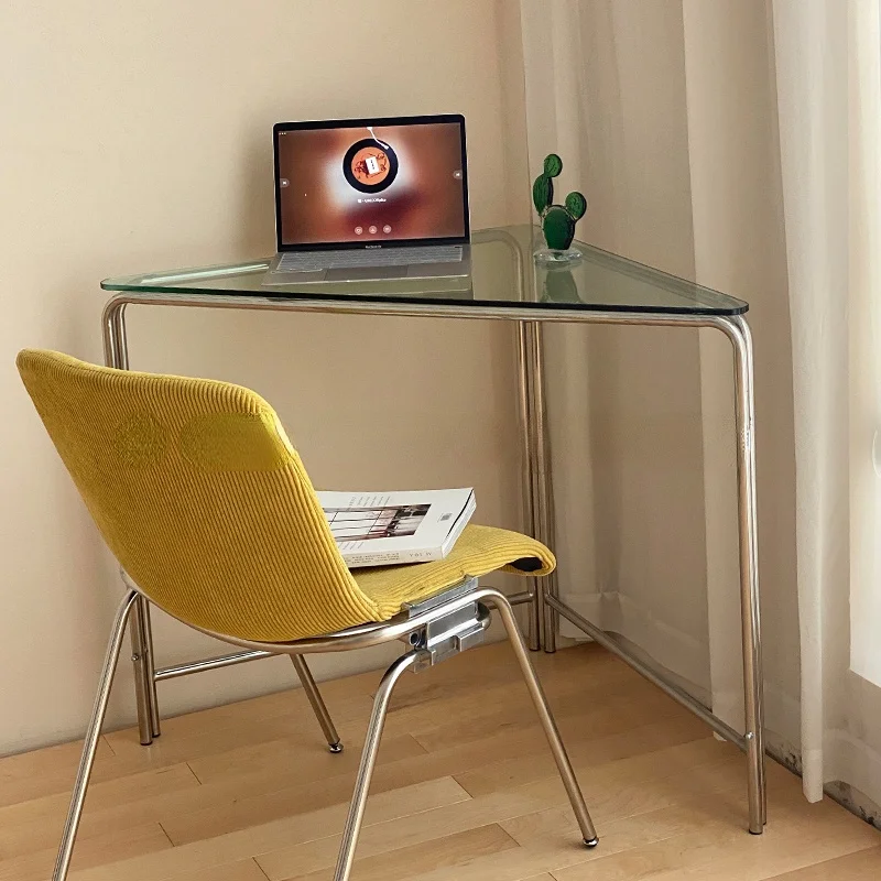 

GY Small Apartment Corner Table Ins Style Corner Computer Desk Bedroom Middle-Ancient Stainless Steel Glass Small Desk