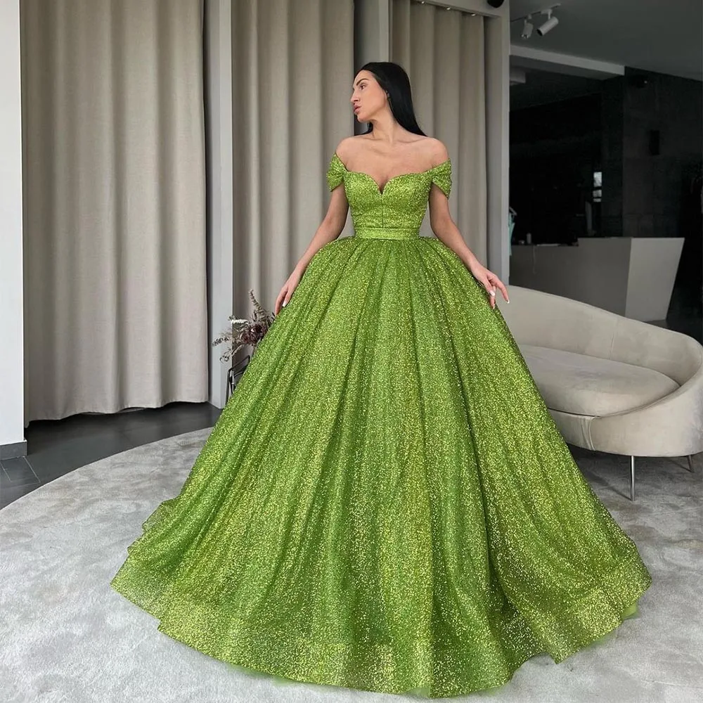 

Glitter Off the Shoulder Ball Gown Evening Dresses 2022 Dark Green Elegant Prom Party robe de soirée femme