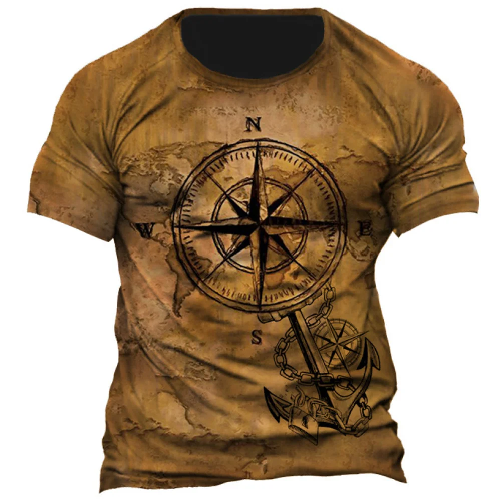 

Summer Men's Casual Fashion T-shirt 3d Compass Vintage Print Ship Rudder and Anchor Short Sleeve Top Street Pattern Oversized