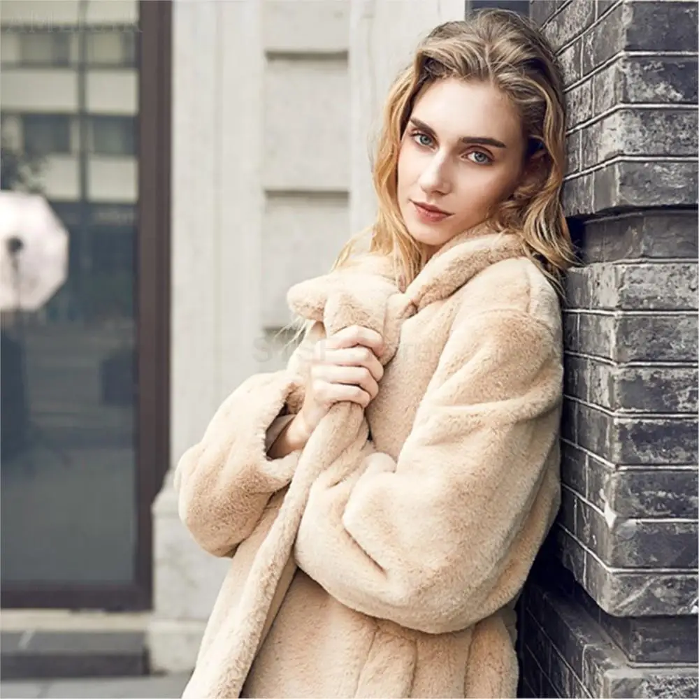 Thick Teddy Real Fur Pure Color Women Coat Winter Warm Soft Lambswool Fur Long Jacket Plush Overcoat Casual Outerwear