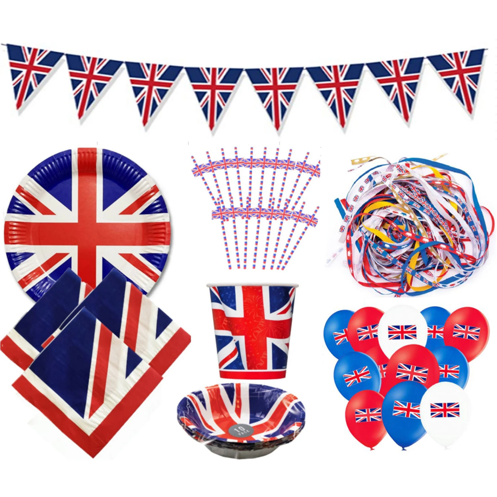 

125Pcs British Flag Tableware Kit Union Jack Bunting Flag Tableware Set Jubilee Paper Napkins/Cup/Plate/ Balloons For Indoor Or