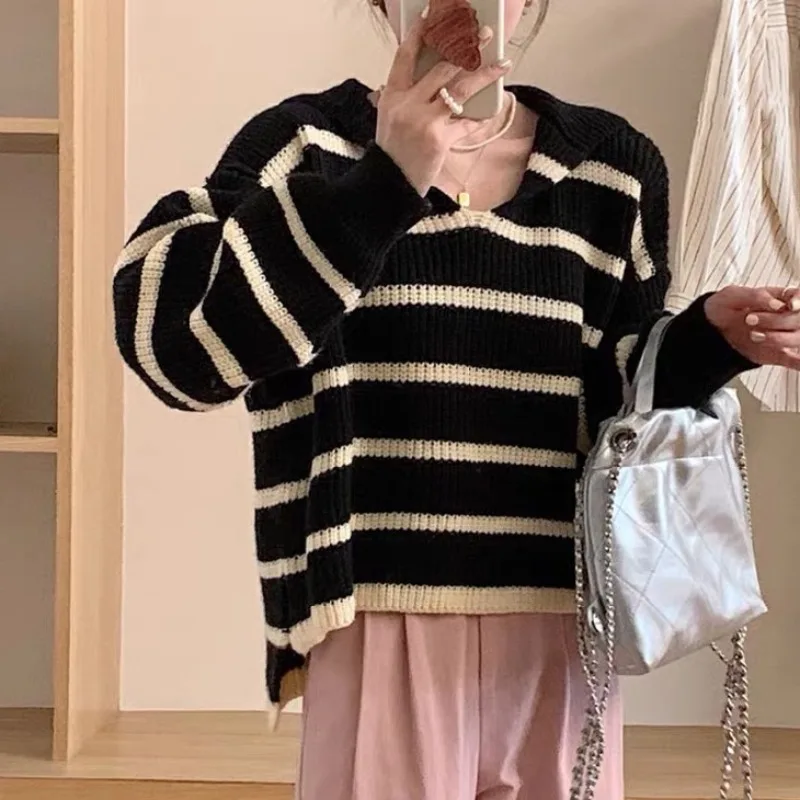 Корейский свитер в полоску с отложным воротником, осенне-зимние свободные трикотажные рубашки с длинным рукавом, повседневный пуловер, топы для женщин