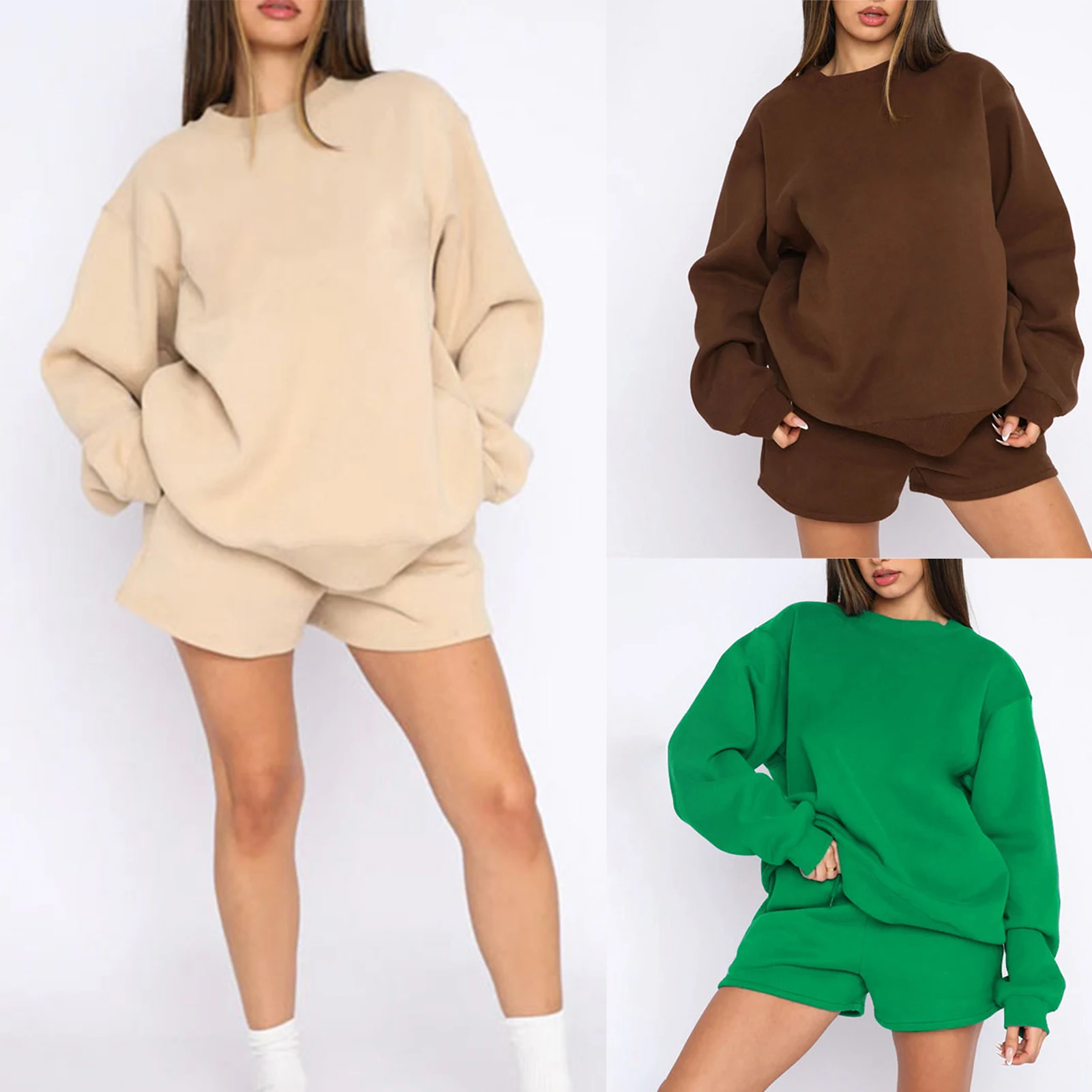 

Casual Solid Shorts Suit Women 2023 Summer Loose Long Sleeve Shirt Two Piece Set Lady Hawaiian Style Loose Shorts 2 Piece Set