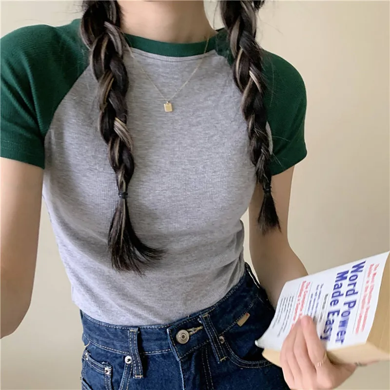 

Yasuk Summer Solid Casual T-Shirts Female Pullover Blouse Women's Short Sleeve Slim Tees Top Soft Versatile Solid Splicing Retro