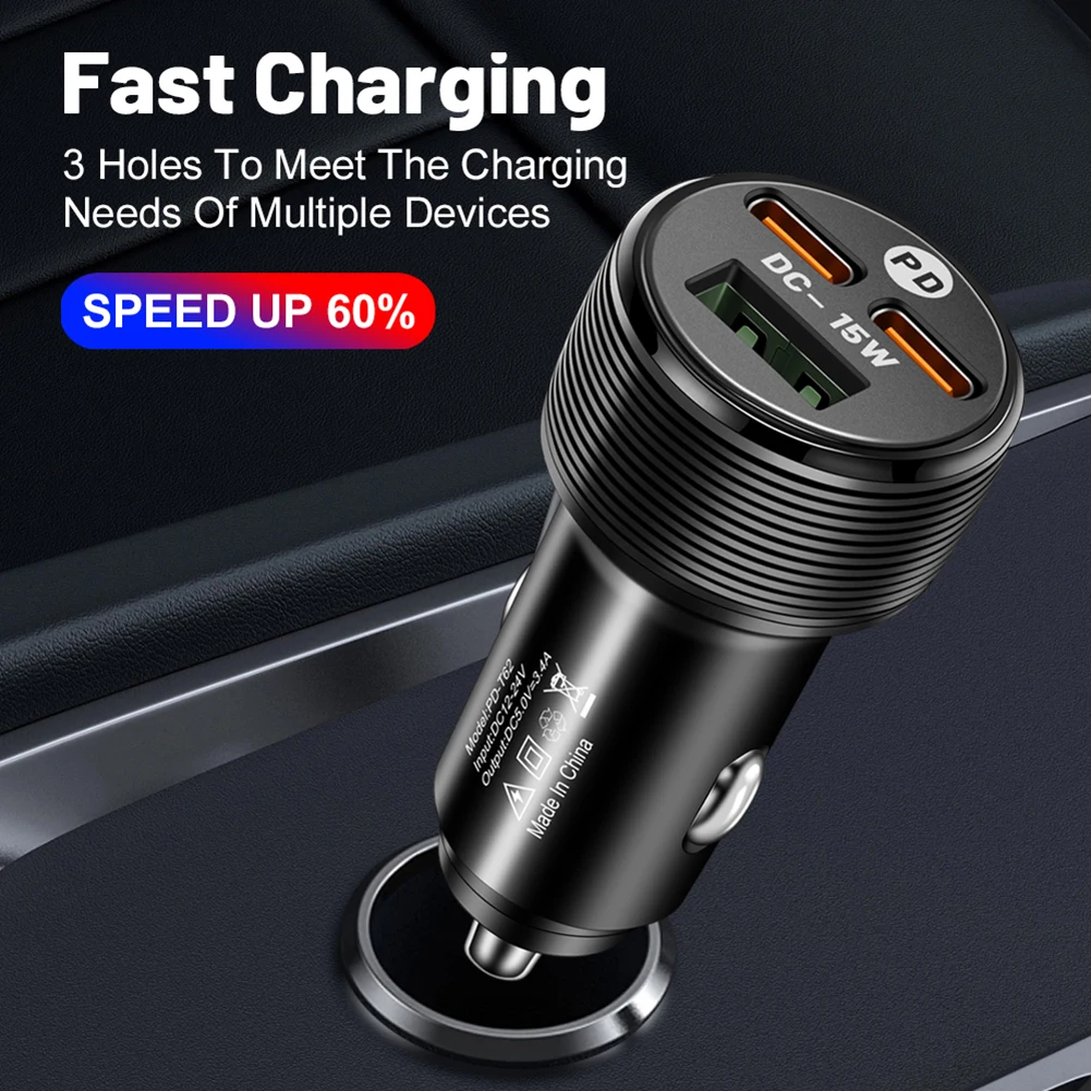 

Car Charger 12-24V USB Type C Dual Port USB Phone Charger PD Fast Charging For Smartphones IPad Laptops Tablets