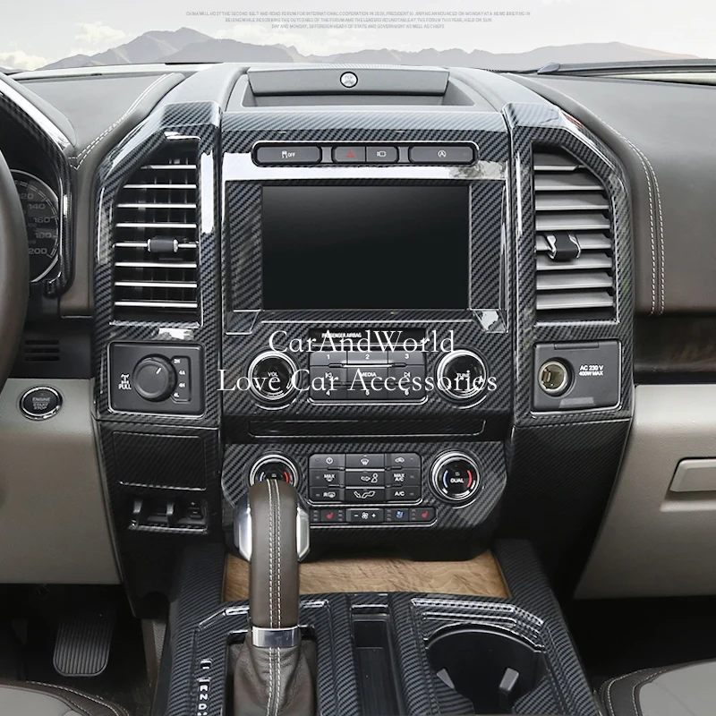 Compartimento central de fibra de carbono para coche Ford Raptor F150, perilla de interruptor de aire acondicionado, cubierta de marco de navegación, accesorios de coche, 2017-2020