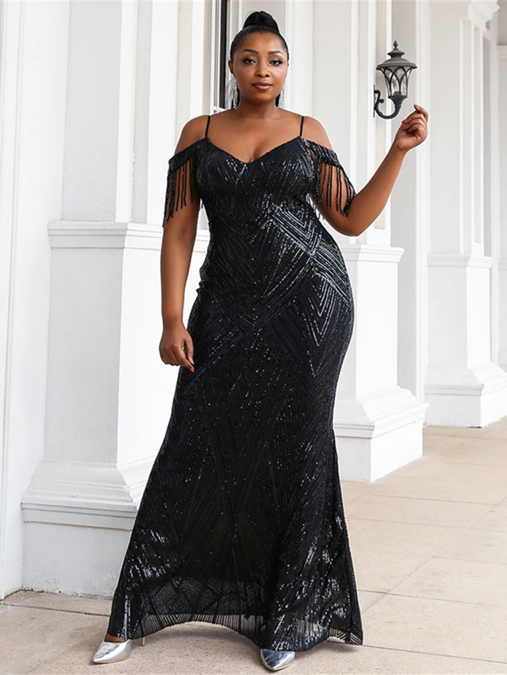 Plus Size Women Evening Dress Black Party Dress Sequin Off The Shoulder Elegant Prom Dress Bridesmaid Dress Cocktail Dress