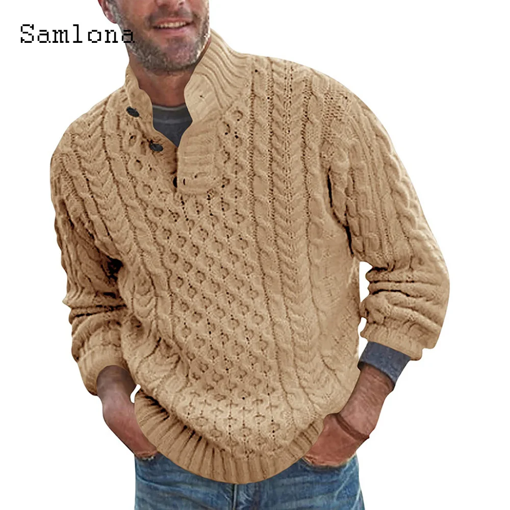 Samlona Men Knitting Sweater Mens Knitwear 2023  European Fashion Ruched Stripes Top Pullovers Solid Khaki White Sweater Hommes