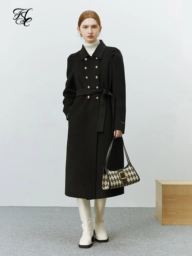 

FSLE Hepburn Style Coat Winter New Korean Version Thin Double-sided 100% Wool Casual Coat Black Women Coats For Women