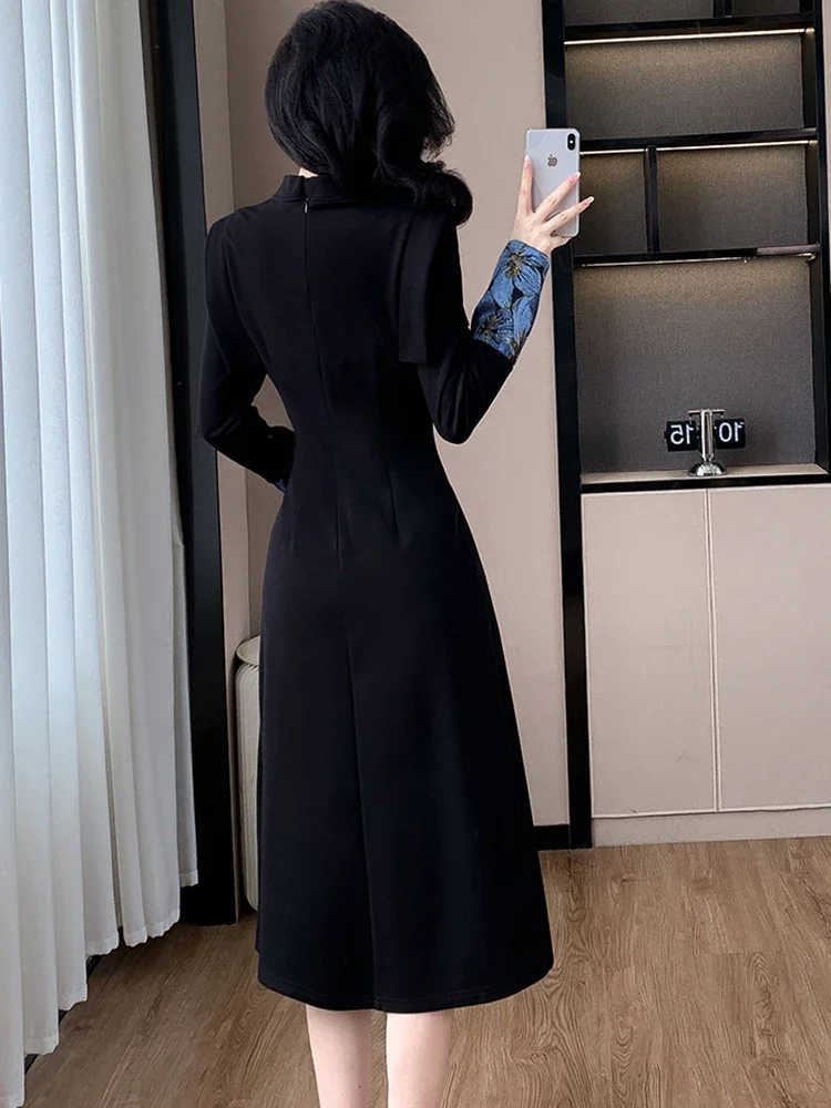 Черное платье-Ципао с длинным рукавом и воротником-стойкой Осень-зима корейское