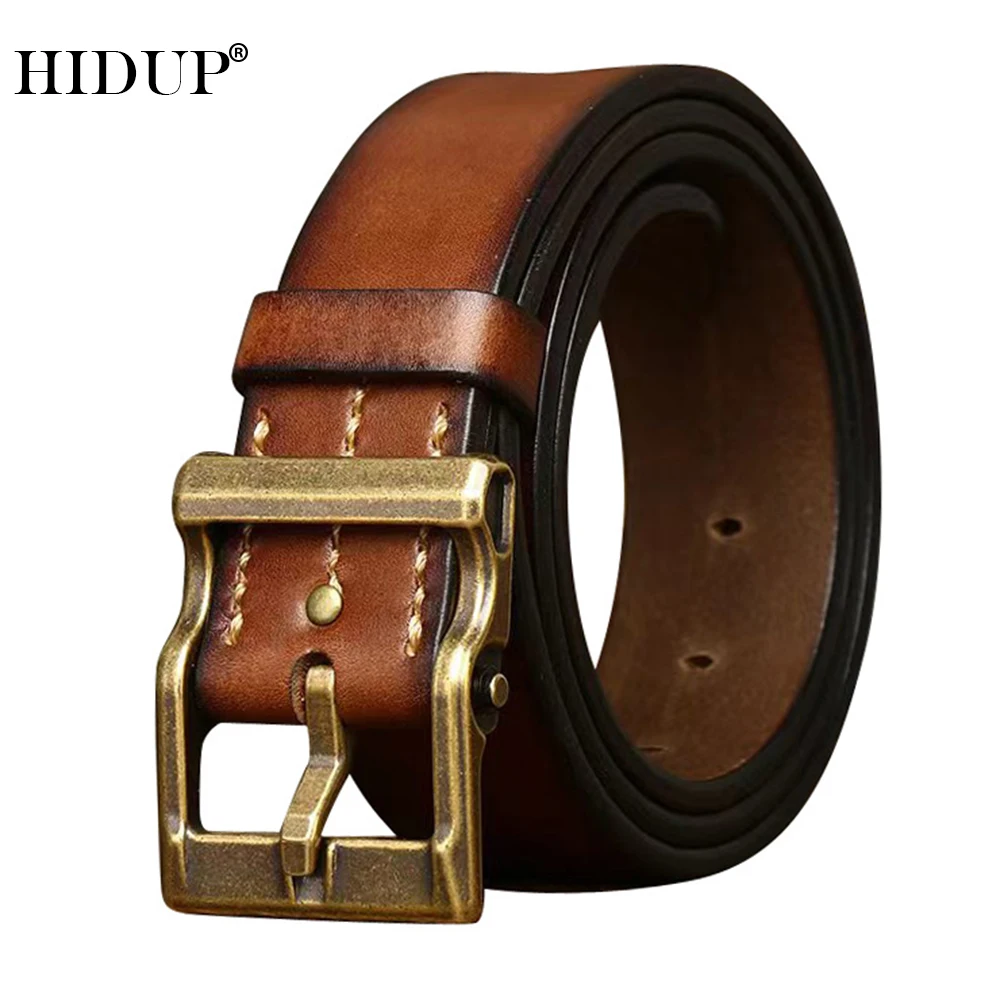 HIDUP Unique Design Top Quality Pure Cowhide Leather Brass Pin Buckle Belts for Men 39mm Width