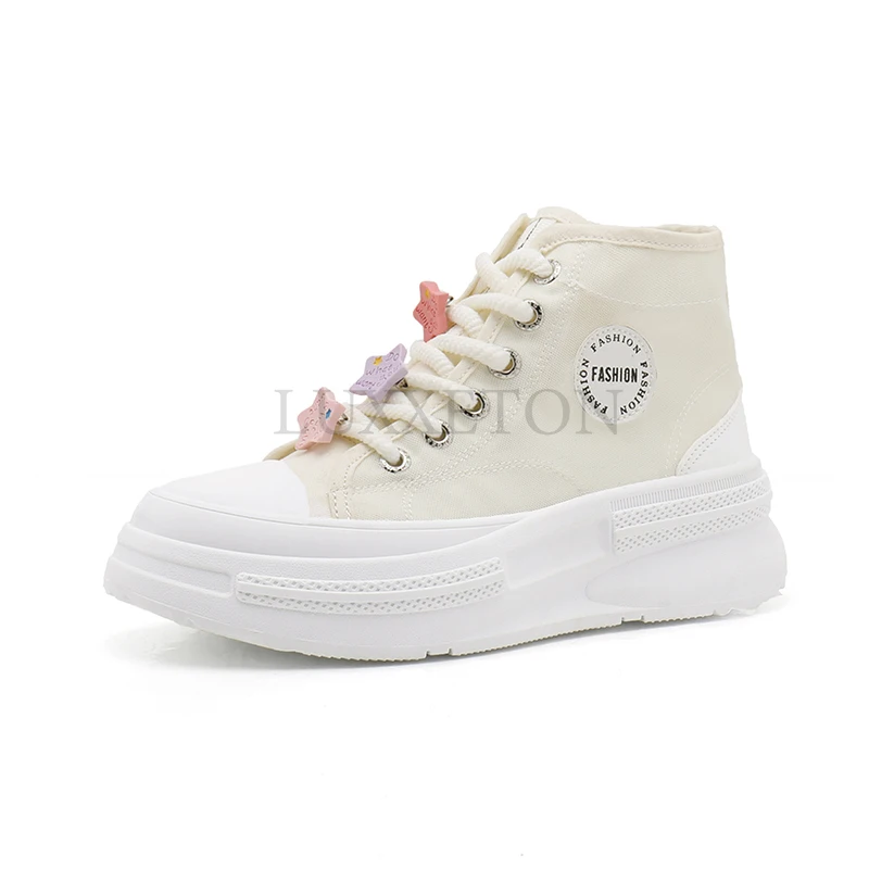

Lovely Pink High-top Canvas Woman Vulcanized Shoes Flats Casual Espadrilles for Women Spring Lady White Lace Up Sneakers Shoes