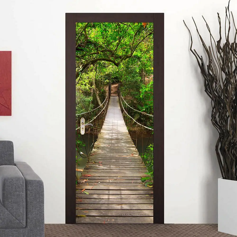 

PVC Self Adhesive Wall Mural Living Room Door Sticker Nature Landscape Wallpaper Wooden Bridge Photo