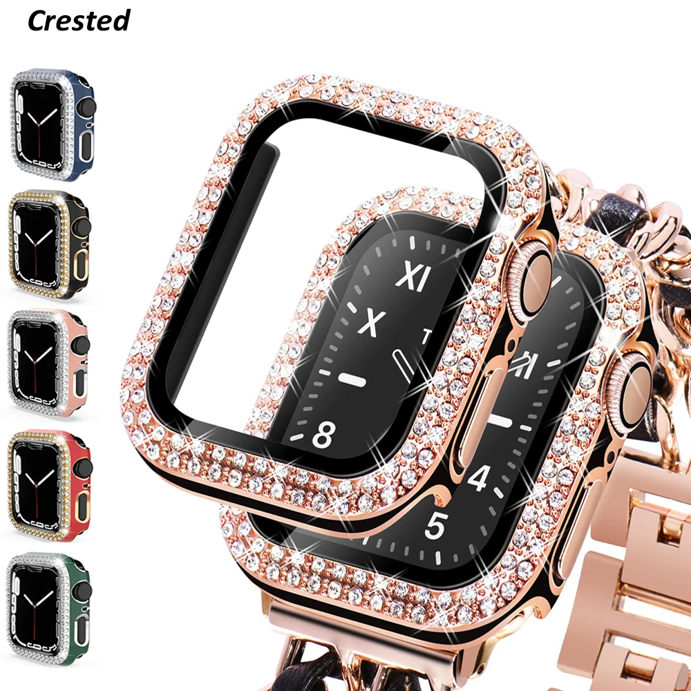 Стекло + крышка для Apple Watch Φ 40 мм 44 45 41 Чехол Diamond защита экрана watch series 9 8 3 6 SE 7