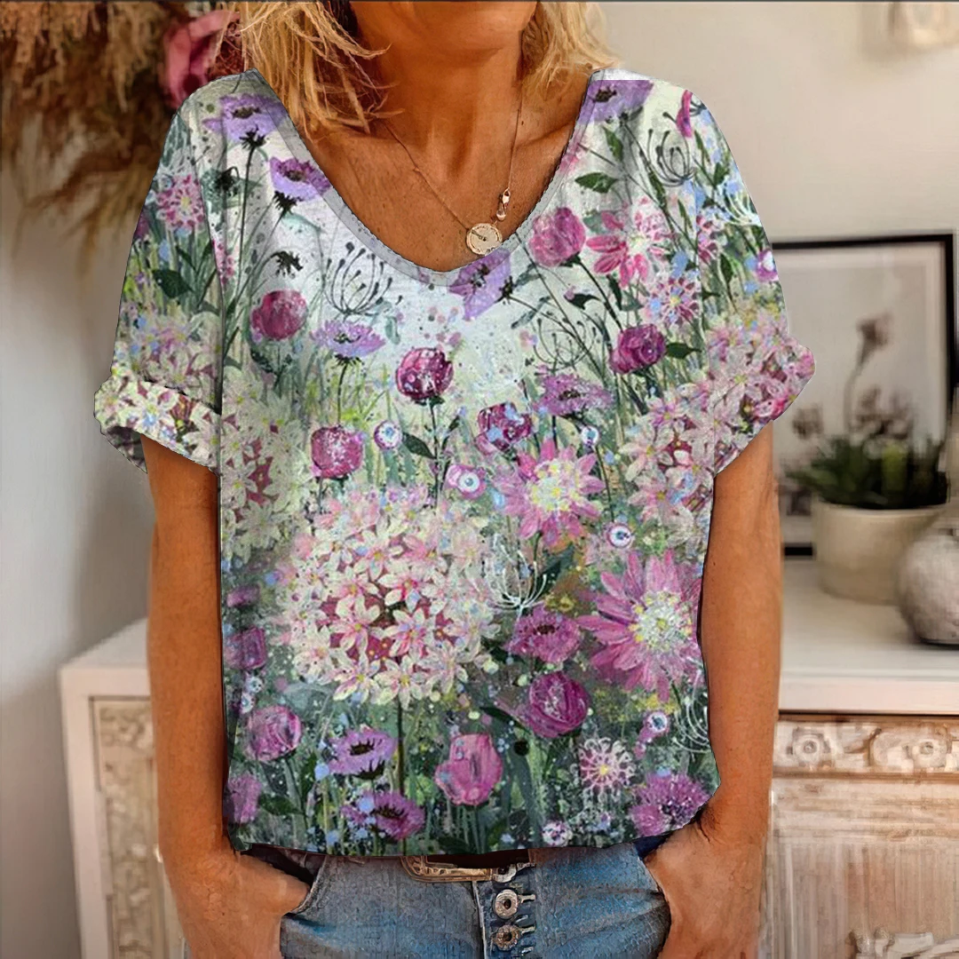 

2021 Summer New Colorful Flowers Printing Women T Shirt Fashion Ladies Short Sleeve Top Casual V-Neck Loose Plus Size Female Tee