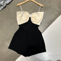 2022 summer playsuits for women new fashion elegant slimming big bow spaghetti straps chest wrap rompers femme