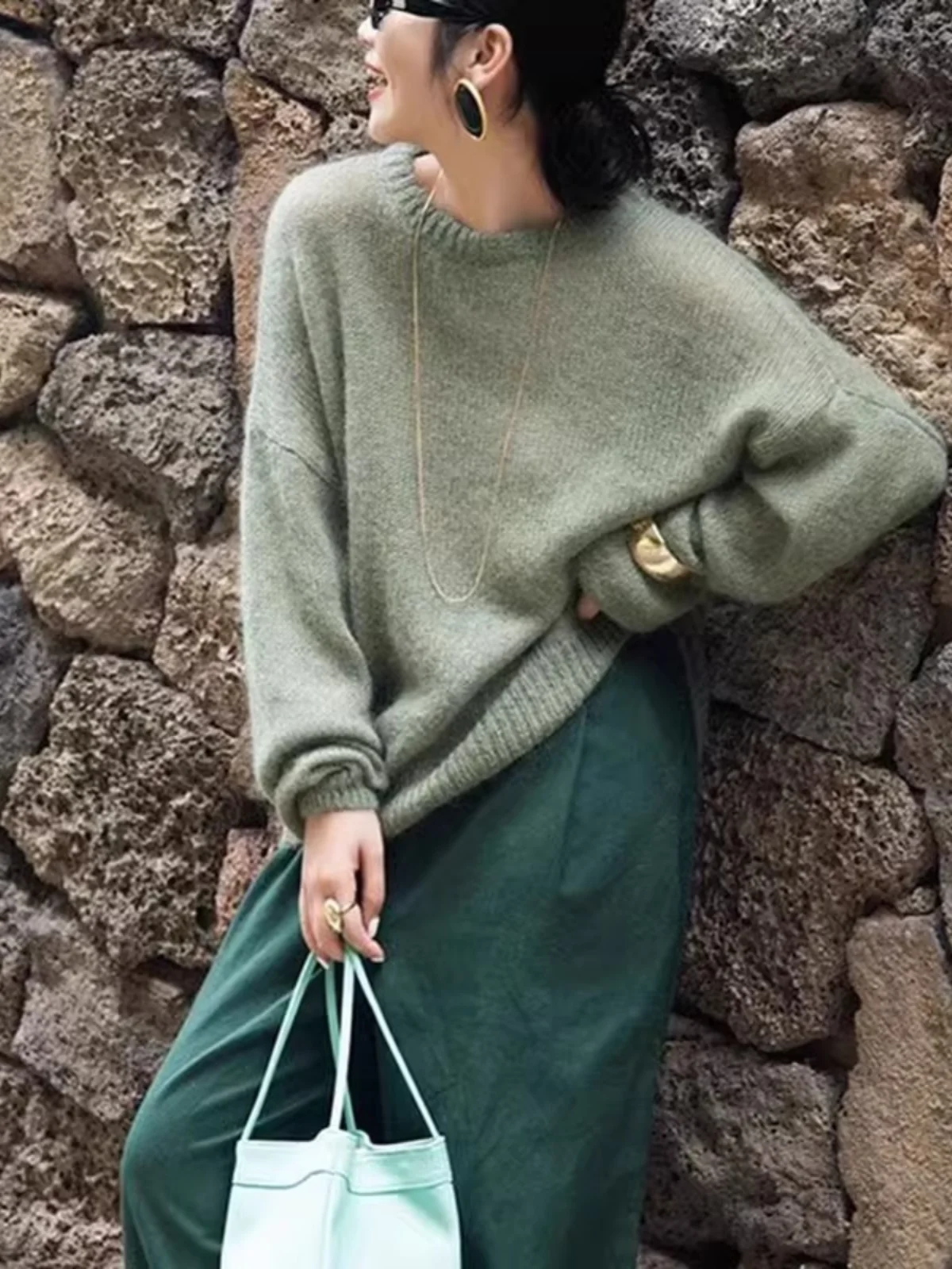 Cameo Green Mohair Long sleeve Knit Women Winter Idle Sle Loose Soft Glutinous Pullover Sweater Atmosphere Top