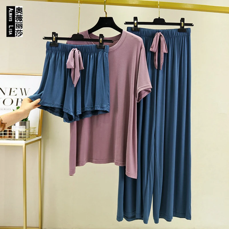 

T-shirt+ Shorts + Trousers Women Home Suit Summer New Pajamas Modal Nightwear Pyjama Femme Sleeping Clothes