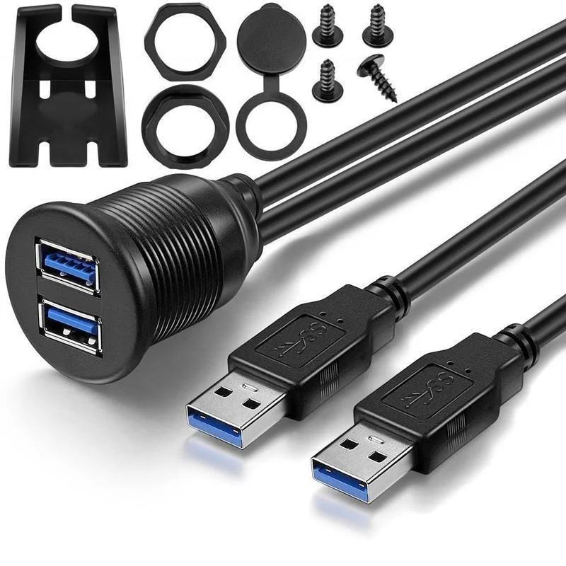 Dual USB 3.0 Male To USB 3.0 Female Extension Cable with Flush Mount Panel for Car Truck Boat Motorcycle