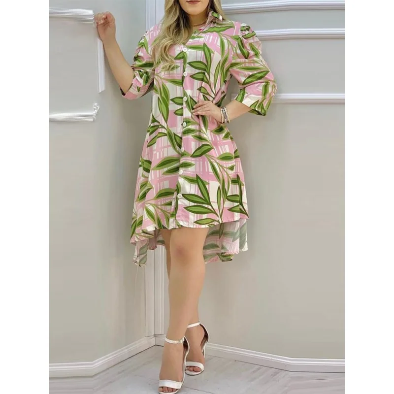 

Floral Print Button Design Shirt Dress Women Long Sleeve Casual Daily Work Dress