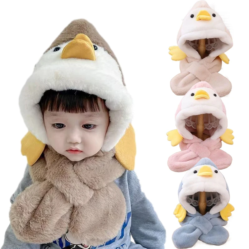 

2023 Winter Baby Hats Scarf One-Pieces Cartoon Duck Kids Windproof Cap Warm Soft Plush Infant Bonnet Boy Girl Accessories