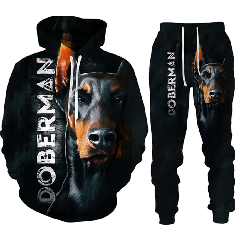 

New Spring Autumn Men Tracksuit 2 Piece Set Cool Doberman 3D Printed Hoodie Pants Set Casual Men Clothing Suit
