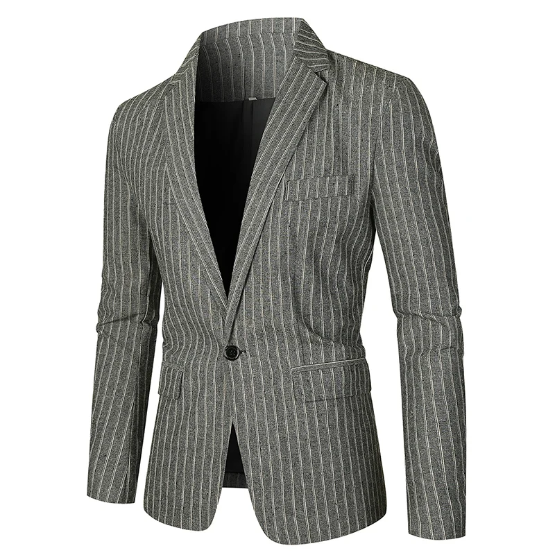 

2022 Spring and Autumn New Men's Casual Suit Dark Gray Vertical Stripes Slim Fit One Button Lapel Suit Jacket