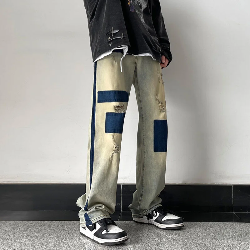 Ripped Patch Baggy Jeans Men's Fashion Retro Casual Straight Jeans Men Streetwear Loose Hip Hop Hole Denim Pants Mens Trousers