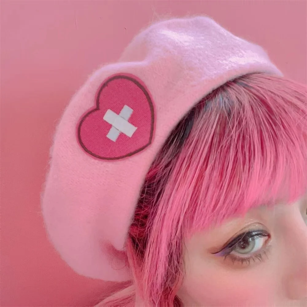 

Pink irl Beret Japanese Cute arajuku ot irl Sweet eart Love Cross Wool Embroidery Kawaii Women at Lolita Accessories