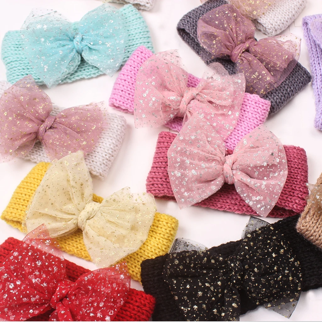 

Shiny Bowknot Baby Hat Elastic Crochet Wide Winter Autumn Hairband Girl Boy Headwear