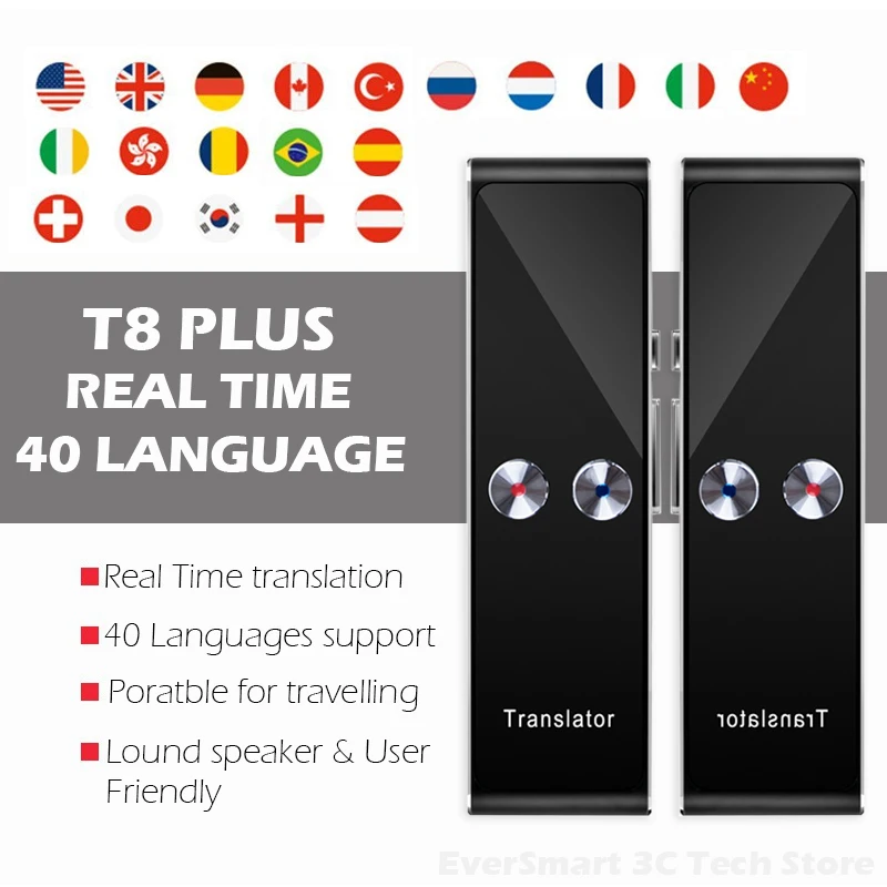 

Портативный многоязычный переводчик голоса, T8 + Plus AI переводчик в режиме реального времени, мгновенный двухсторонний, 40 языков, устройство перевода s