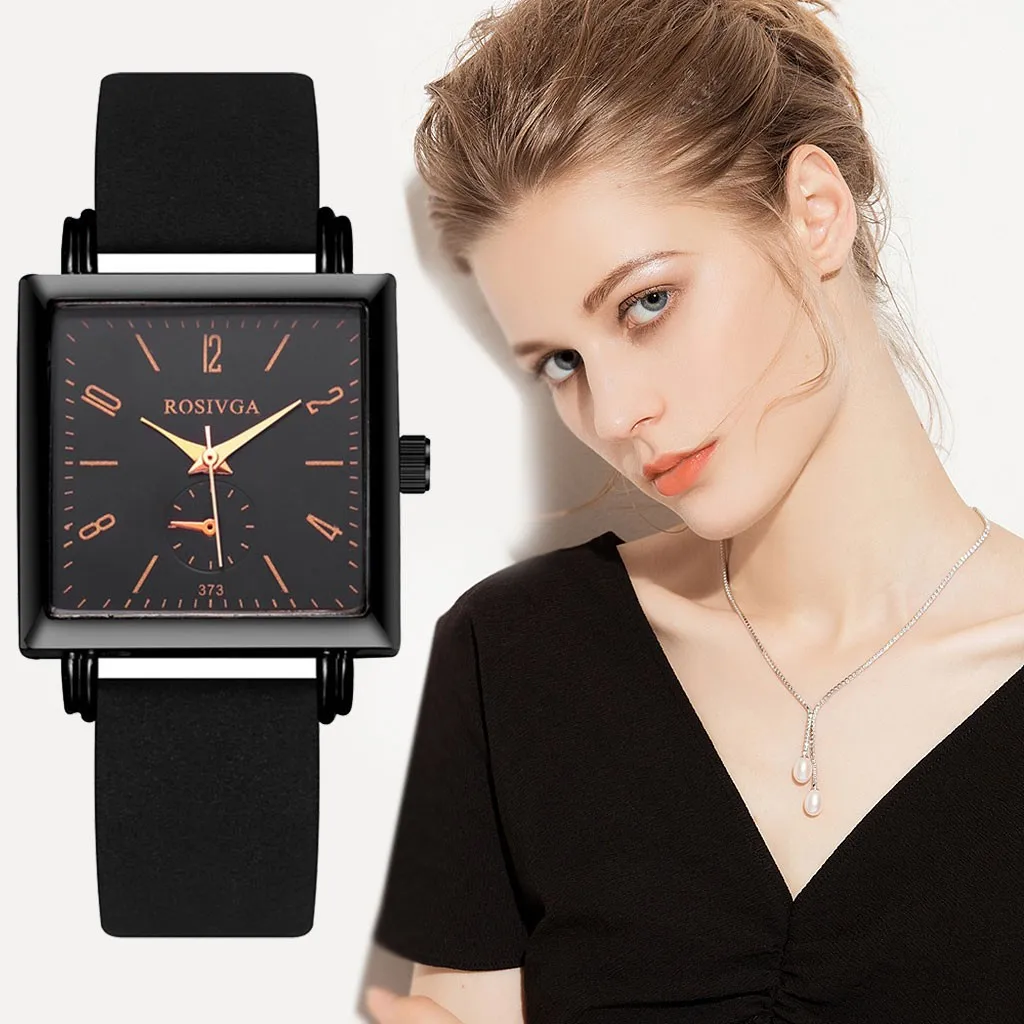 

Fashion Square Dial Casual Belt Watch Temperament Simple Black Shell Quartz Male Womens Watch Expansion Band Mens Watch Bands