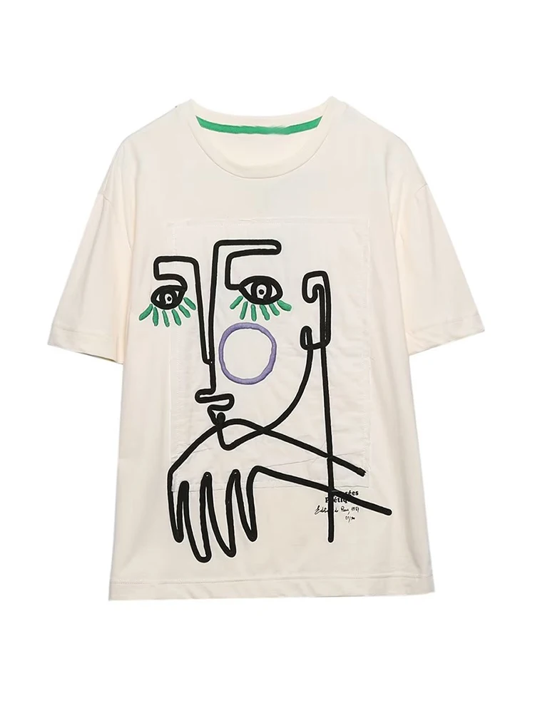 

Новинка, Женская хлопковая Футболка с вышивкой, футболки с коротким рукавом и круглым вырезом, Женский Свободный Топ